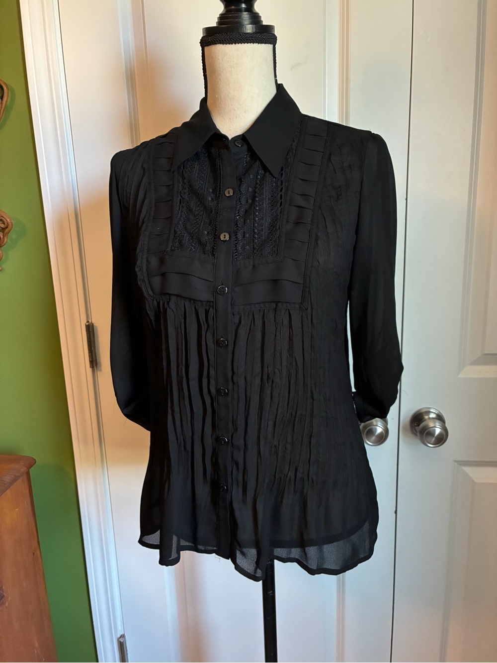 New Directions Petite Black Half Sleeve Sheer Shirt Petite Large